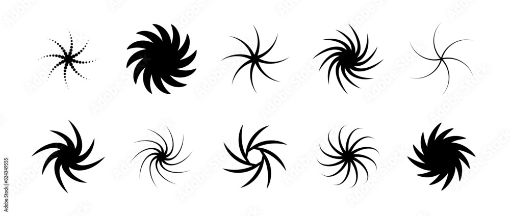 Aufkleber Various twist and swirl element set. Black dotted twirl and rotating symbols collection. Circular radial revolving spinning whirlwind objects bundle for graphic design, poster, banner. Vector pack