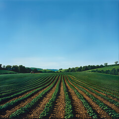 Acre of Lush Farmland Under a Clear Blue Sky with Farmer and Tractor, Surrounded by Distant Trees