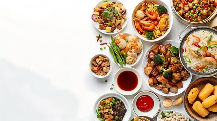 Appetizing Chinese Feast from Above on White Background in Ultra HD 8K Resolution