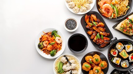 Authentic Chinese Cuisine Spread from Above on White Background in Crisp 8K Resolution