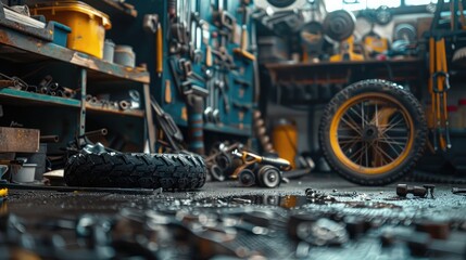 commercial photo, close-up, garage tools, bottom view, soft light