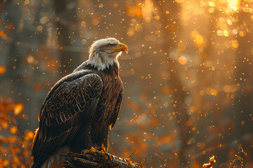 Perched American Eagle. Bird of Prey Forest,
Photorealistic Depiction of a Bald Eagle Perched in Digital Splendor