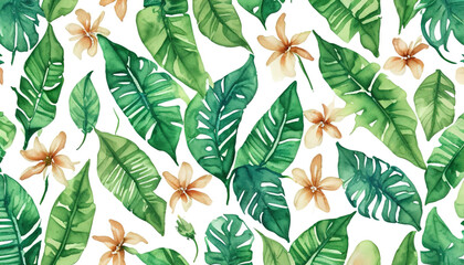 Watercolor of Tropical spring floral green leaves and flowers s isolated on transparent png background, bouquets greeting or wedding card decoration, with Generative Ai