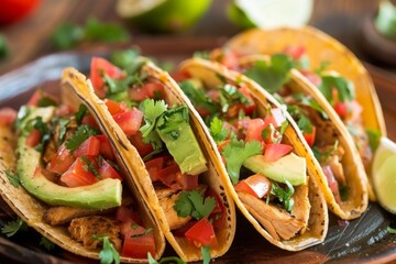 A vibrant plate of chicken tacos topped with fresh cilantro, diced tomatoes, and sliced avocado, served with lime wedges