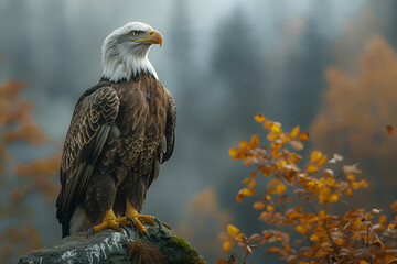 Perched American Eagle. Bird of Prey Forest,
Eagle perched on a tall tree branch

