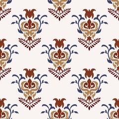 Damask Ikat floral pattern on red background illustration.Ikat ethnic oriental embroidery,Aztec style,abstract background.design for texture,fabric,clothing,wrapping,decoration,sarong,scarf