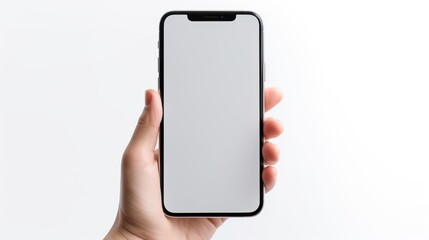Close-up of female hand holding Smartphone with blank white screen on white background, 