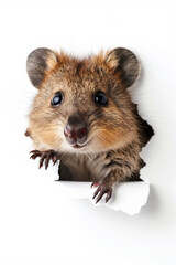 cute Quokkas sticking its head out of the hole in white paper generated by AI
