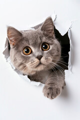 British shorthair cat sticking its head out of the hole in white paper generated by AI