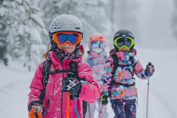 Little Caucasian Girls stand out on the snowy slopes in her ski style, adorned in fancy snow attire with vivid, vibrant shades of pink and pastel blue, complemented by rainbow ski goggles.