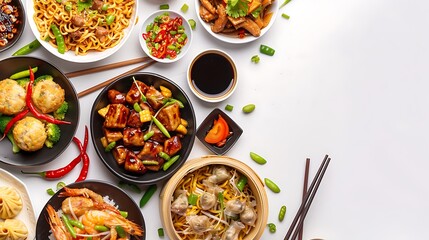 Delicious Selection of Chinese Cuisine - Top View Realistic Display on White Background in HD 8K Quality