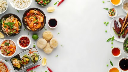 Authentic Chinese Food Spread Top View on Plain White Background in High Definition 8K Resolution