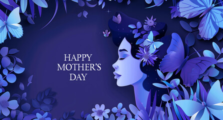 texte en anglais "happy mother's day" sur fond violet avec un visage de femme de profil, typée habitant des îles pacifique, maori, avec des fleurs et des papillons . Ressource pour la fête des mères.