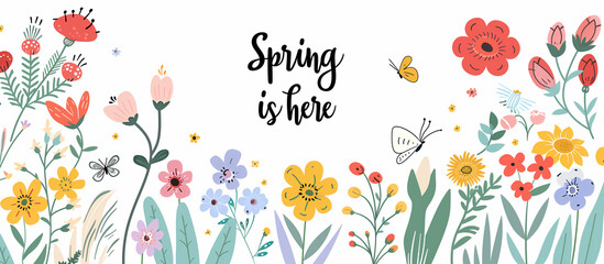 texte en anglais "Spring is here" entouré de fleurs sauvages et de papillons pour l'arrivée du printemps. Ressource graphique bucolique et florale pour la saison du renouveau