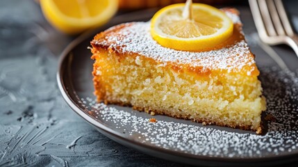 Homemade lemon cake served on a grey plate with a fork