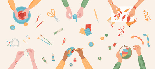 Cartoon DIY craftwork class background banner, flat hands making handicraft workshop collection, handmade children origami art activity top view concept, creative pottery craft hobby illustration,