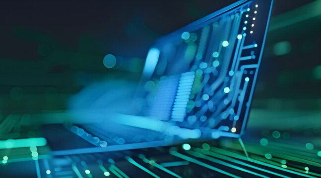Laptop with circuit lines coming out of the screen on blue background.