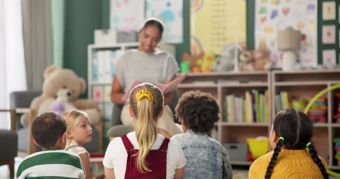 Kindergarten, children and question for teacher in class at montessori school, learning and reading story. Kids, fairytale and woman teach girl with creative ideas or talking in preschool education