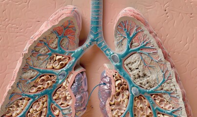 Cross-sectional view of lung tissue showing alveoli and bronchioles