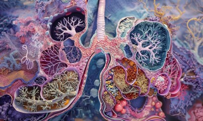Cross-sectional view of lung tissue showing alveoli and bronchioles