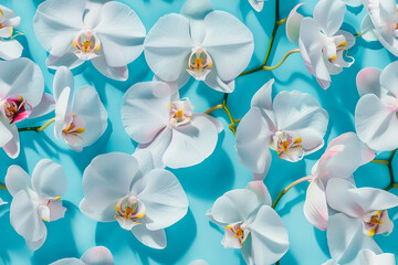 Seamless pattern of white orchids on a bright blue background, perfect for decoration and tile designs, adding an elegant and floral ornament to any project