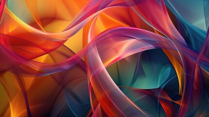 Abstract ribbons with smooth, flowing curves and a gradient palette transitioning from vibrant reds and yellows to cool blues and greens