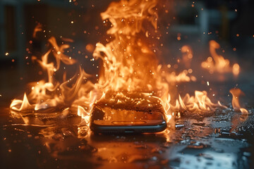 Mobile Phone Catches Fire Whilst Charging,
Burning smartphone on black background Fire in the mobile phone
