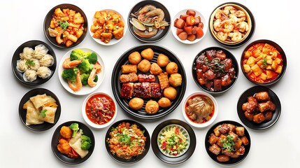 Authentic Chinese Cuisine Spread from Above on White Background in High Definition 8K Resolution