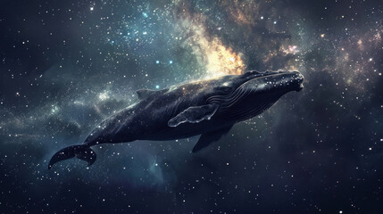 A celestial whale drifting among stars and particle dust, blending cosmic wonder with the grace of the deep sea, creating a mystical scene.