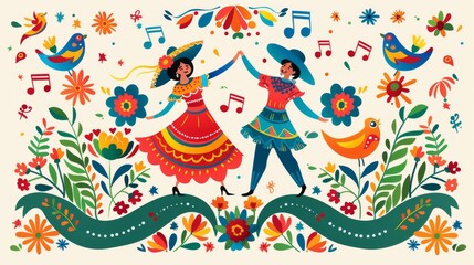 Bright and festive Cinco de Mayo vector image with a couple performing a traditional Mexican dance, surrounded by floral decorations and music notes Generative AI