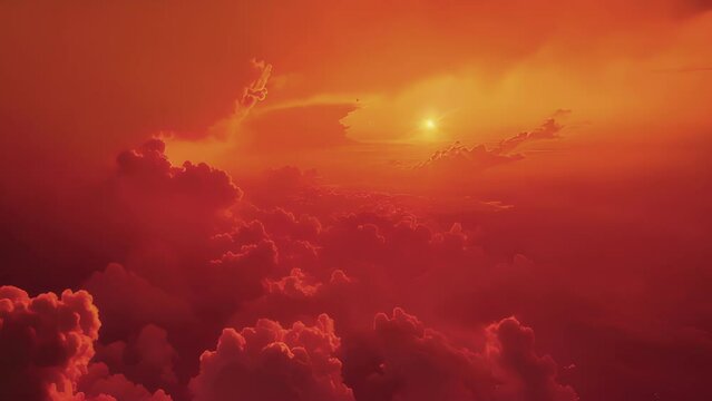 An otherworldly scene of a red sunrise peeking through pyrocumulus clouds formed by a distant wildfire.