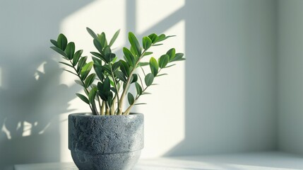 Peaceful ZZ Haven: ZZ plant in grey pot against white backdrop creates tranquil ambiance.