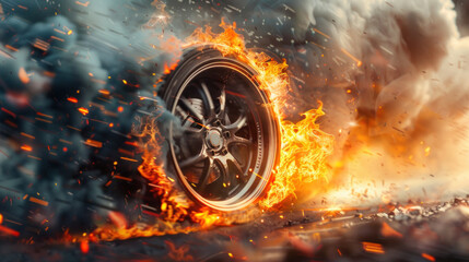 Drifting wheel engulfed in flames and smoke, representing high-speed action and adrenaline, perfect for a thrilling concept art scene.