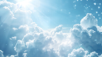 Blue fantastic 3d clouds on the sky and bright sun Gentle colors and with bright light 