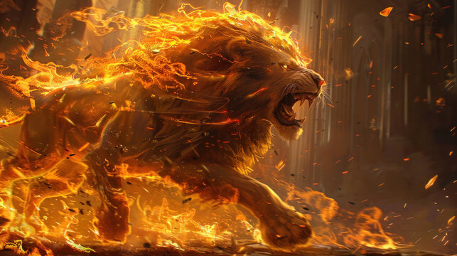 An enchanted lion with a mane of flames and glowing lights, roaring with might and magic, dominating a fantastical, otherworldly setting.