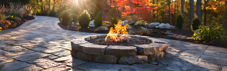 A backyard landscape featuring a circular fire pit and chairs, designed in the style of vray tracing garden design background 