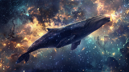 An enigmatic whale swimming through the galaxy, trailing a path of glittering particle dust, merging the mysteries of the ocean and space.
