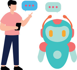 The boy is talking to the robot.