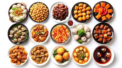 Authentic Chinese Food Spread from Top View on Plain White Background in HD 8K Resolution