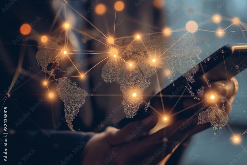 Poster view of businessman using mobile phone with world map and global network connection concept, ai gene