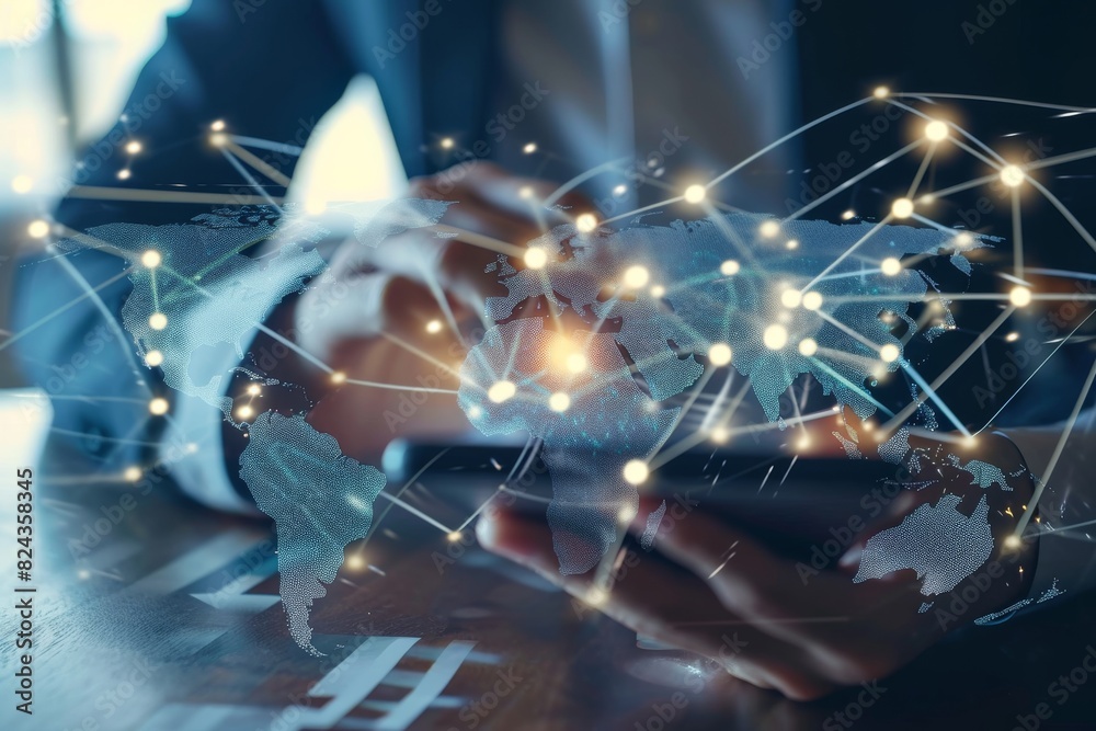 Poster view of businessman using mobile phone with world map and global network connection concept, ai gene