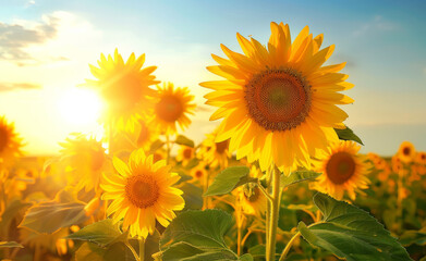 Sunflower on blurred sunny nature background. Horizontal agriculture summer banner with sunflowers field. Organic food production. Harvest of farm product. Oilseed crop. Copy space for text