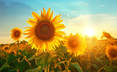 Sunflower on blurred sunny nature background. Horizontal agriculture summer banner with sunflowers field. Organic food production. Harvest of farm product. Oilseed crop. Copy space for text
