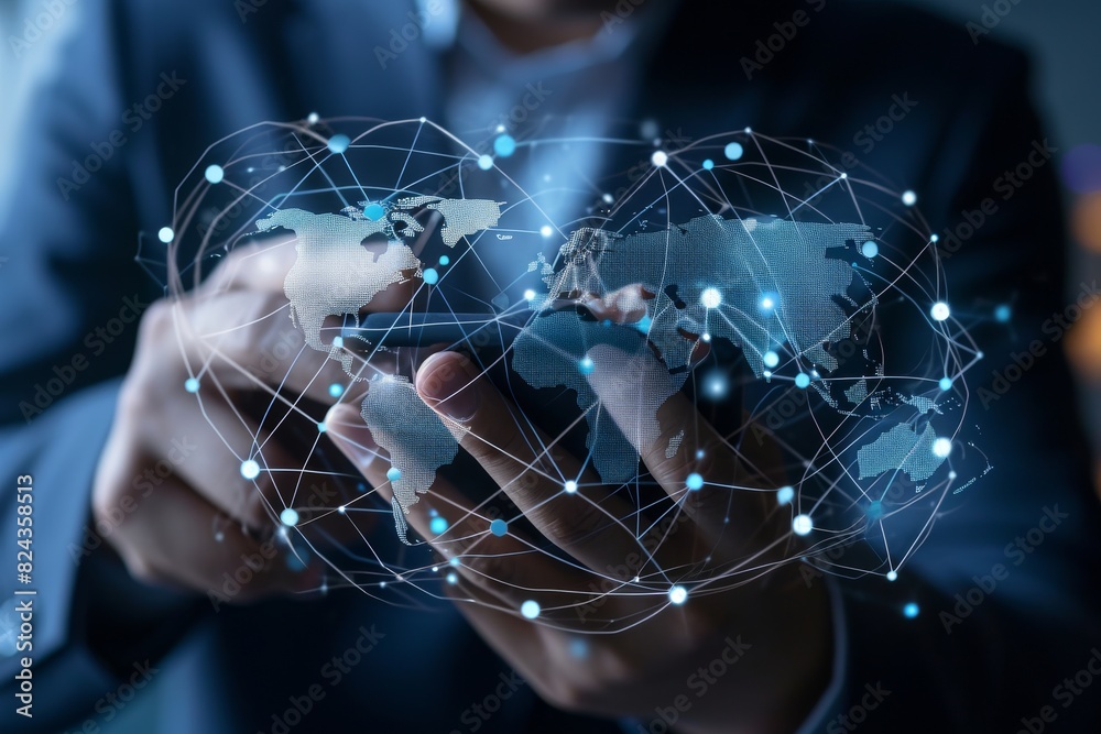 Poster view of businessman using mobile phone with world map and global network connection concept, ai gene