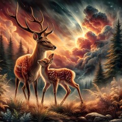 A deer and its fawn standing in a forest with a red and orange sky.