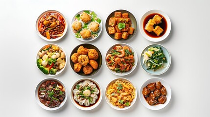 Delicious Assortment of Chinese Food from Top View on Plain White Background in High Definition 8K Quality