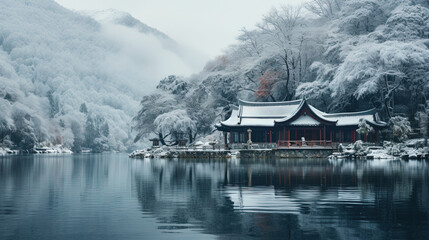 Fototapeta premium Beautiful Chinese Cultured River Front House With Reflect in Water Winter Landscape Background