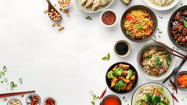 Authentic Top View Chinese Food Spread on White Background in High Definition 8K Resolution for Culinary Concepts and Designs
