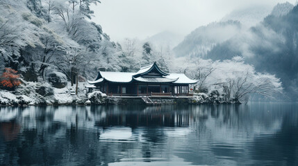 Fototapeta premium Beautiful Chinese Cultured River Front House With Reflect in Water Winter Landscape Background