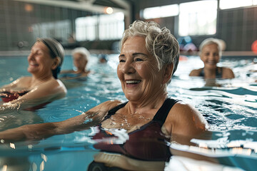 Active senior women in aquatic fitness class, radiating healthy lifestyle